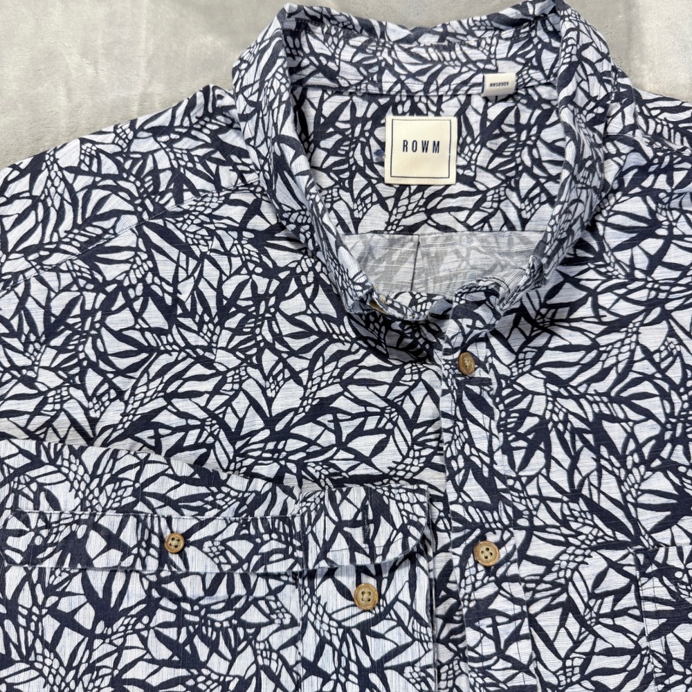 ROWM Mens‎ 2XB Button Down Shirt Navy White Leaf Print long Sleeve Casual